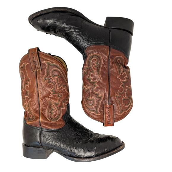 Tony‎ Lama Cowboy Boots Full Quill Ostrich Black Brown TX5007 9 EE Western USA - Picture 3 of 10